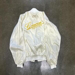 Vintage 80s Geneva College Marching Band White Satin Size Small Bomber Jacket